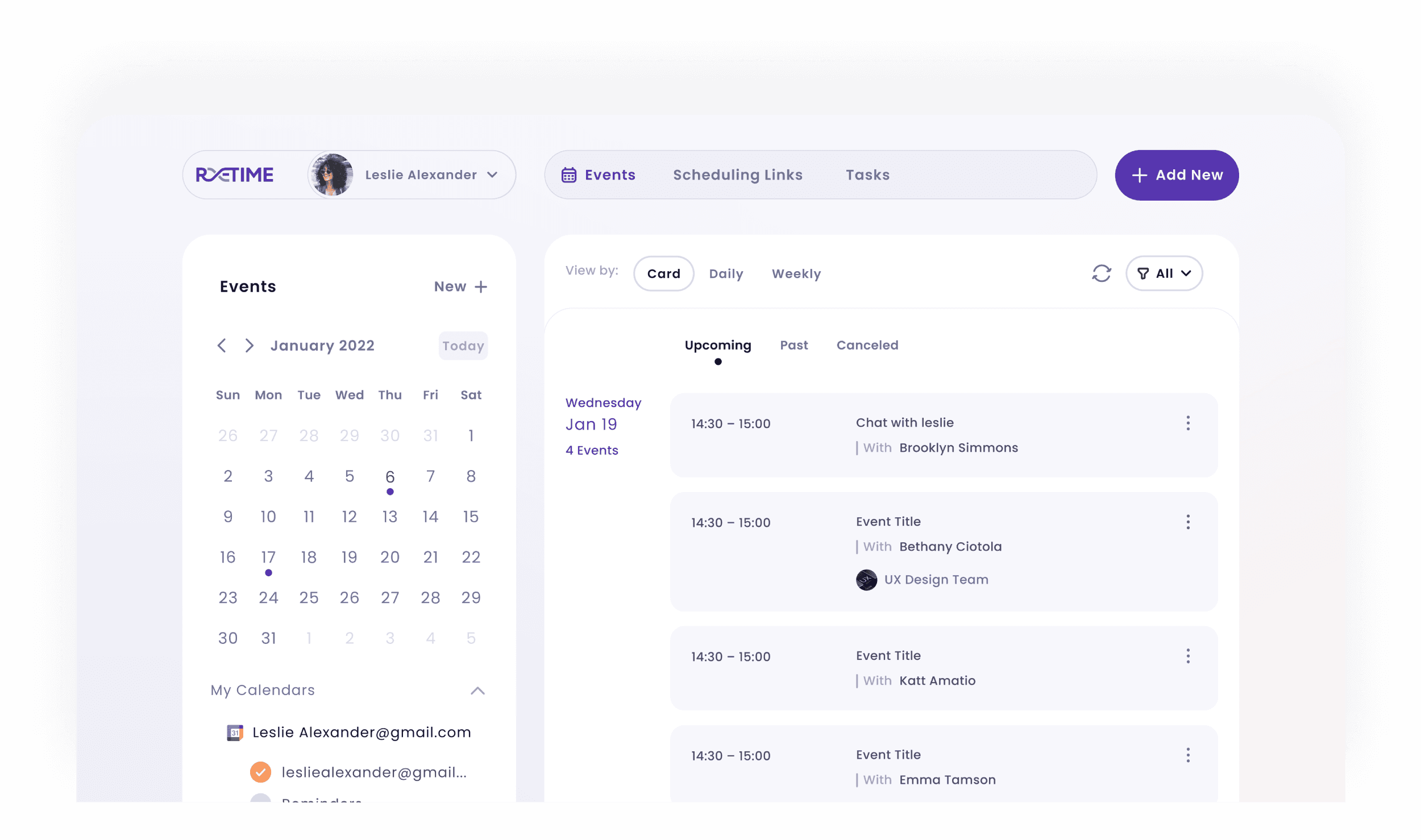 Retime scheduling dashboard with task cards